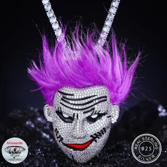 Fancy Purple Hair Guy Hip Hop Jewelry 925 Sterling Silver Pass Diamond Tester Vvs Moissanite Iced out Clown Pendentif avec chaîne