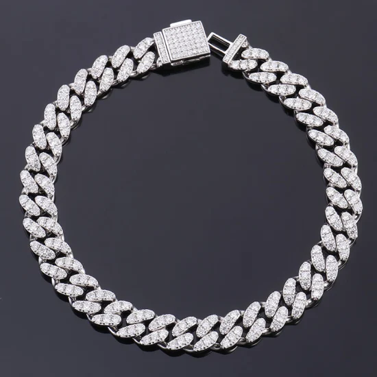 Plaqué Rhodium 6mm 8mm 7-9 Pouces Argent 2 Rangées Moissanite Bracelet Lien Cubain Style Hiphop pour Homme