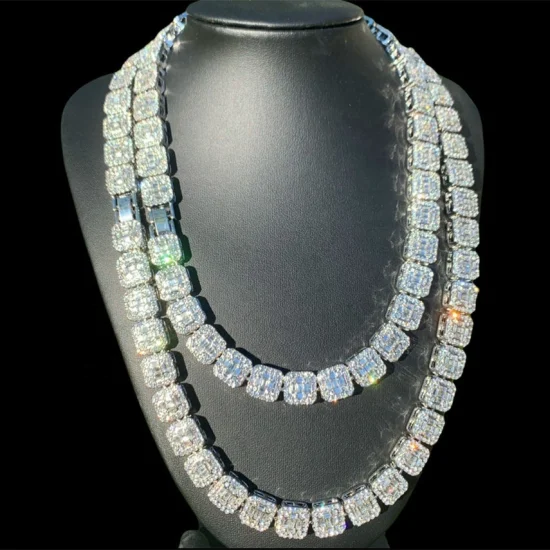 Nouveau design Iced out Bling Bling 925 Argent 10mm Baguette Vvs Moissanite Clustered Tennis Chain