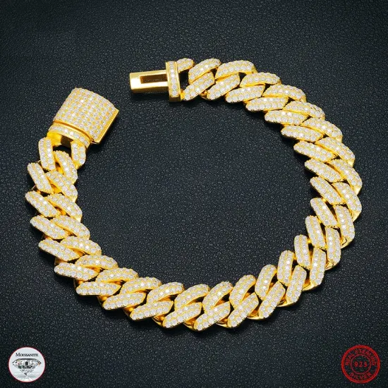 Bijoux personnalisés Men's Bracelet 14mm plaqué or en argent sterling 925 Vvs Moissanite Diamond Miami Bracelet chaîne à maillons cubains